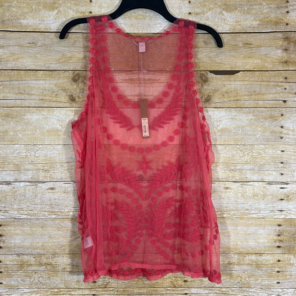 Lauren Conrad Coral Sheer Mesh Embroidered Boho Tank Top Size L Sleeveless - Picture 4 of 7